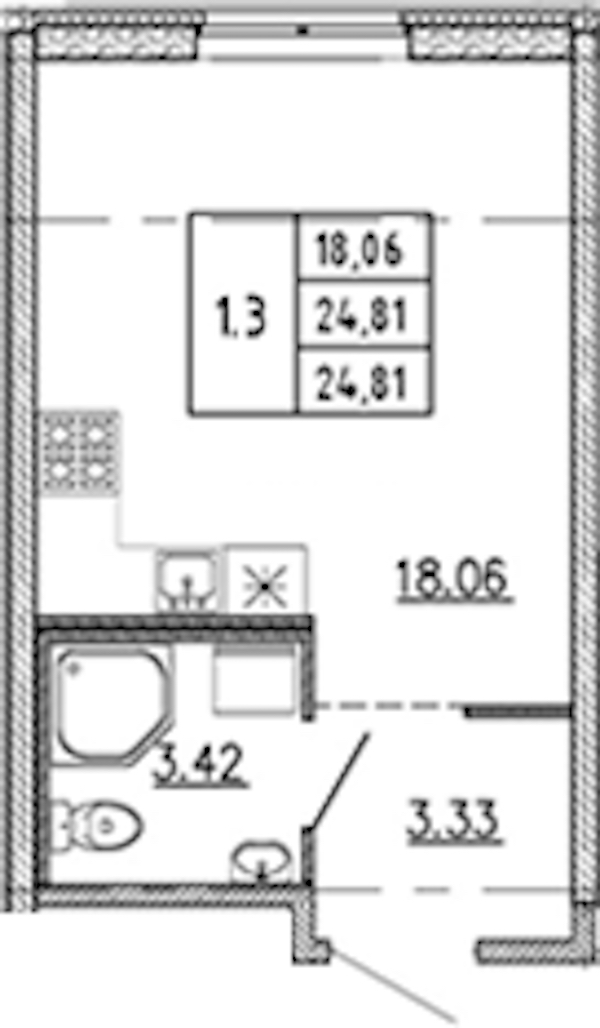 Квартира студия 24.81 м², 1/22 эт., ЖК «Новые горизонты 2»